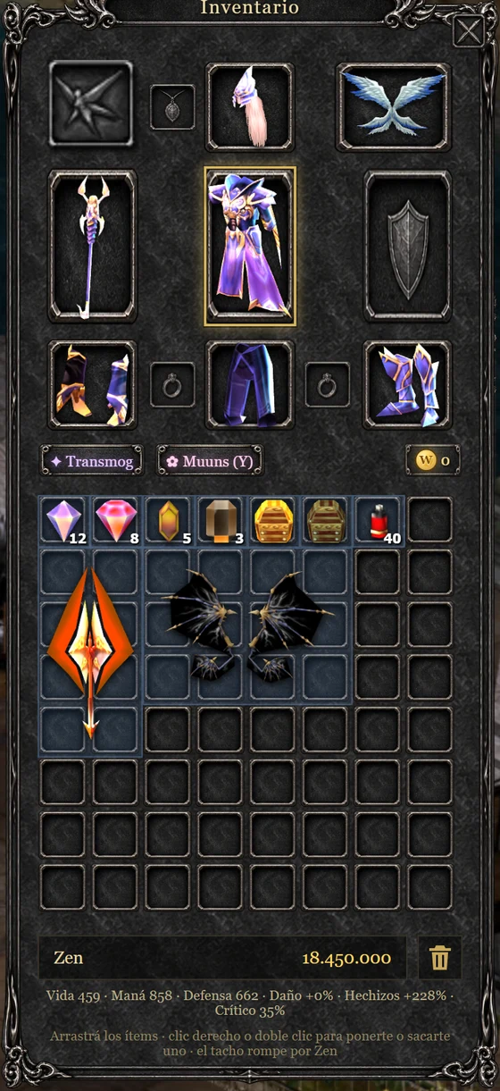 El inventario del juego: un Dark Wizard con Venom Mist +13 excelente y la mochila con joyas y cajas de Kundun